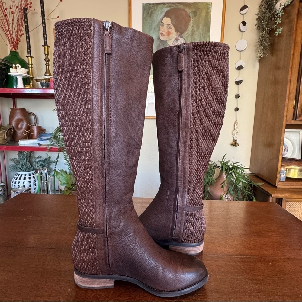 Cole Haan Isabell Stretch Riding Boot Chestnut Brown Leather Low Block Heel | 6 - Picture 2 of 11